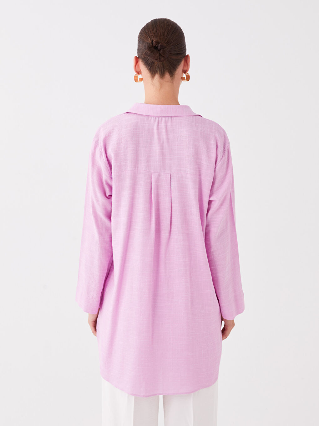 Lila Düz Uzun Kollu Kadın Gömlek Tunik-4