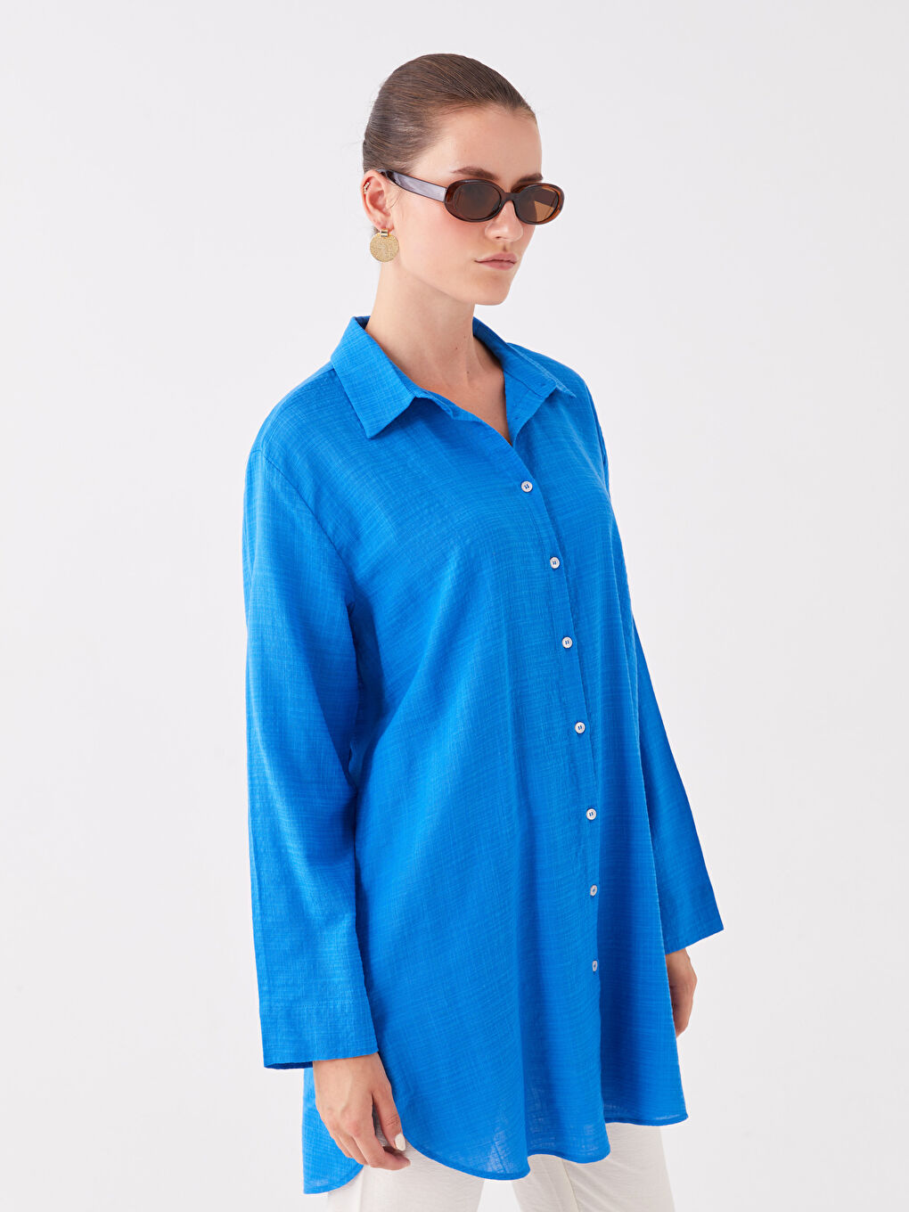 Mavi Düz Uzun Kollu Kadın Gömlek Tunik