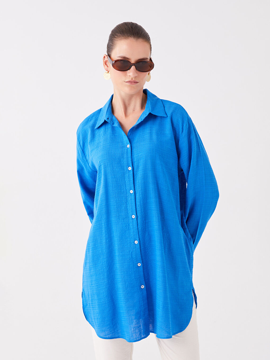 Mavi Düz Uzun Kollu Kadın Gömlek Tunik-1
