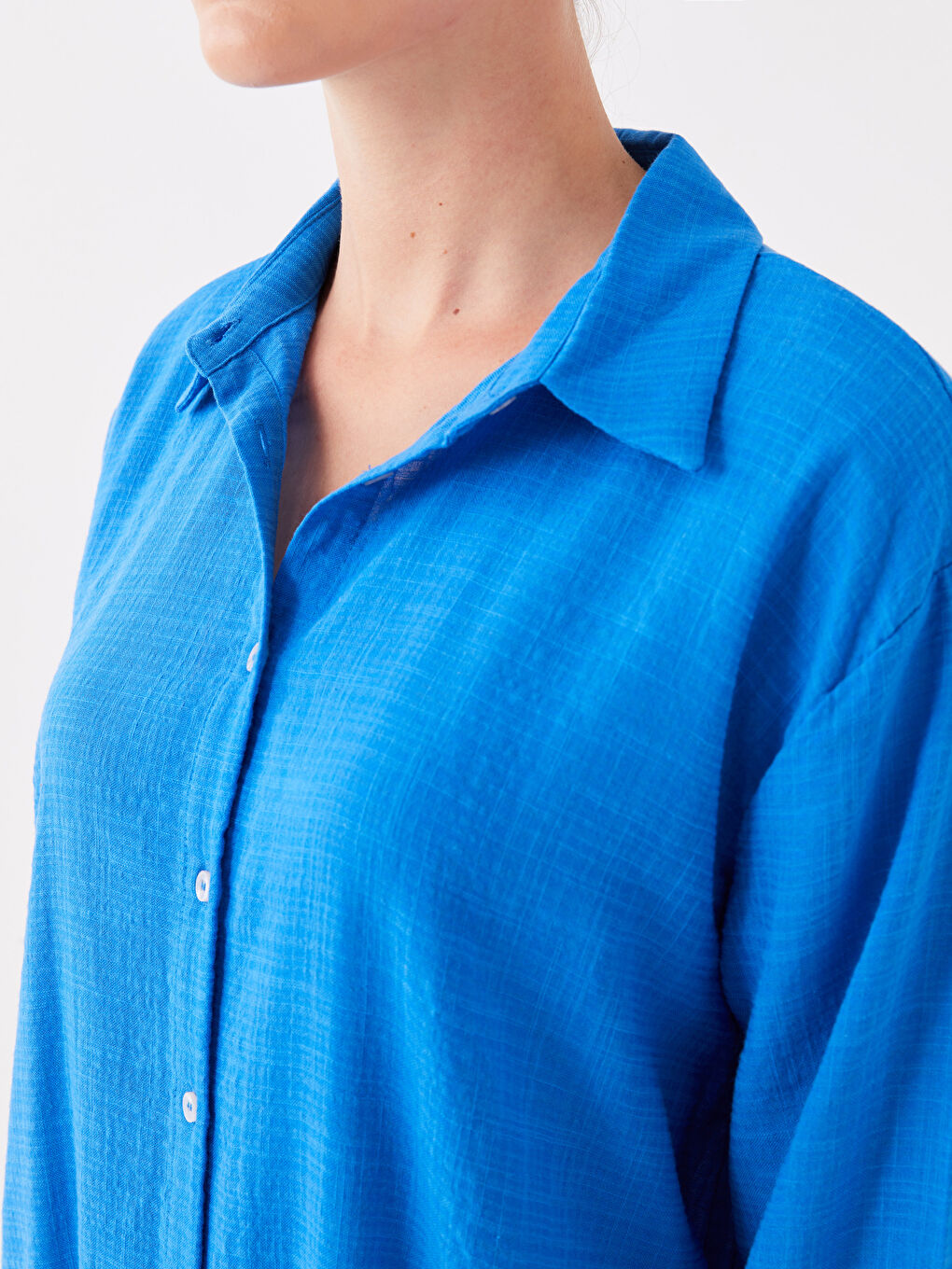 Mavi Düz Uzun Kollu Kadın Gömlek Tunik-3