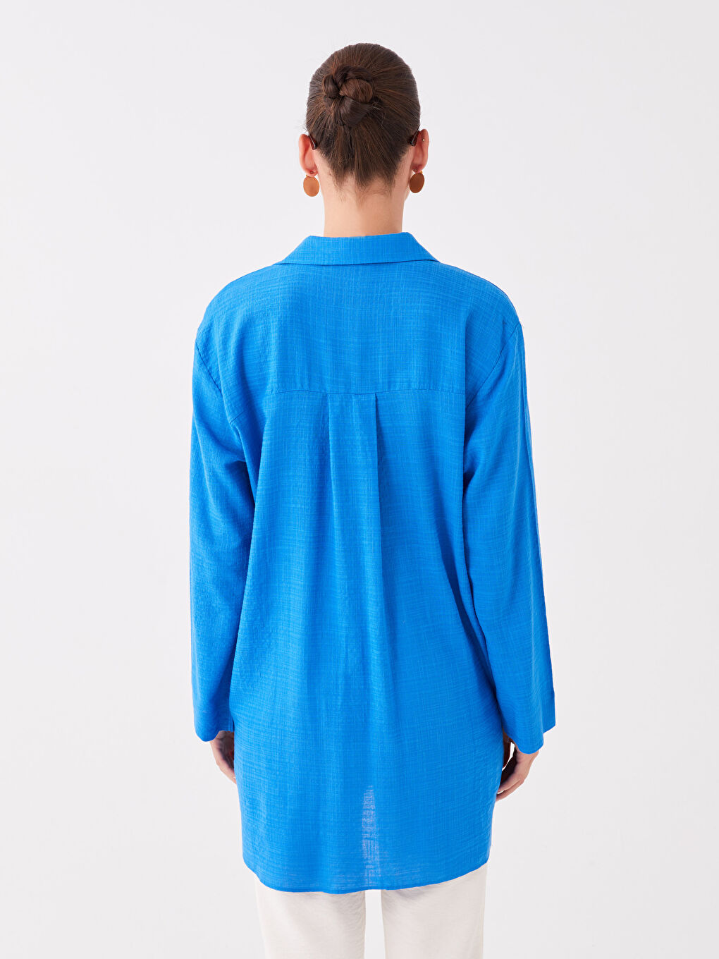 Mavi Düz Uzun Kollu Kadın Gömlek Tunik-4