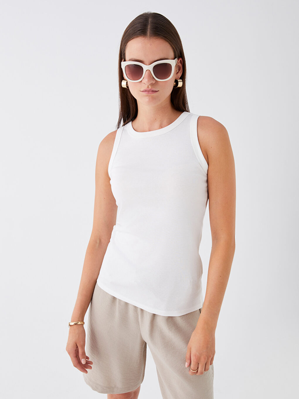 Ekru Kadın Bisiklet Yaka Düz Atlet