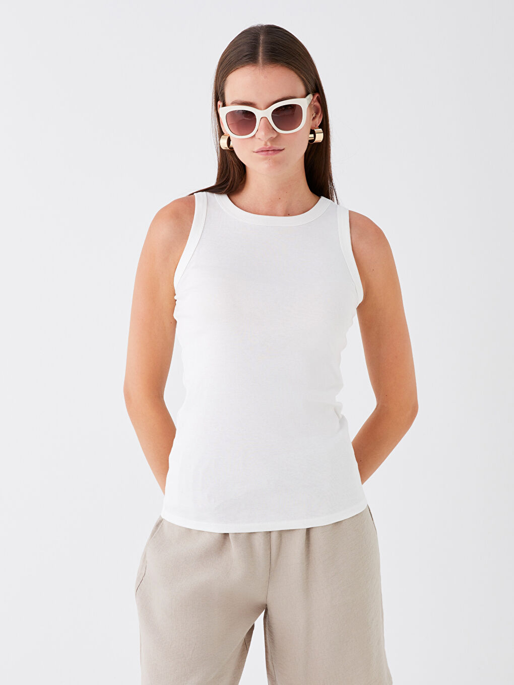 Ekru Kadın Bisiklet Yaka Düz Atlet-2