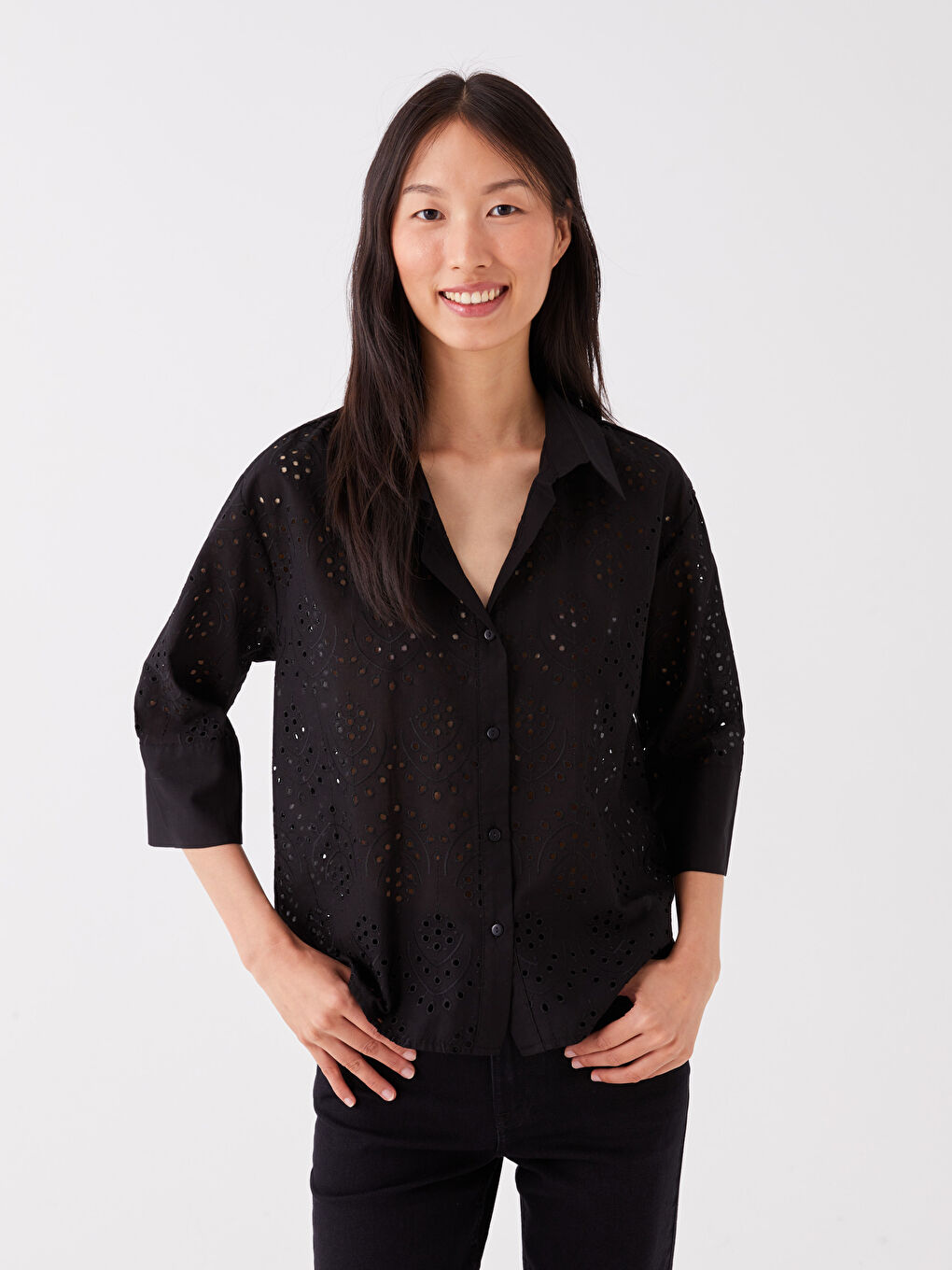 Siyah Kendinden Desenli Uzun Kollu Oversize Kadın Gömlek