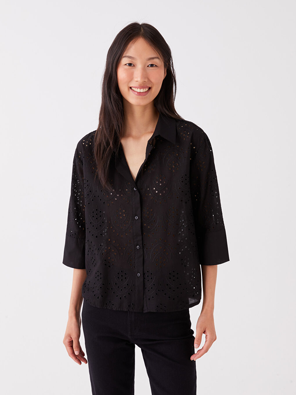 Siyah Kendinden Desenli Uzun Kollu Oversize Kadın Gömlek-1