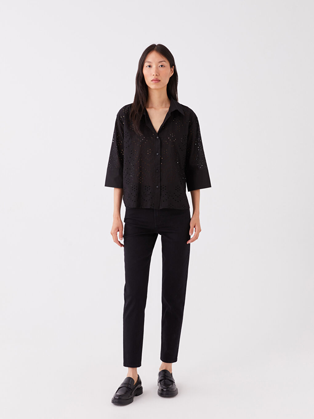 Siyah Kendinden Desenli Uzun Kollu Oversize Kadın Gömlek-2