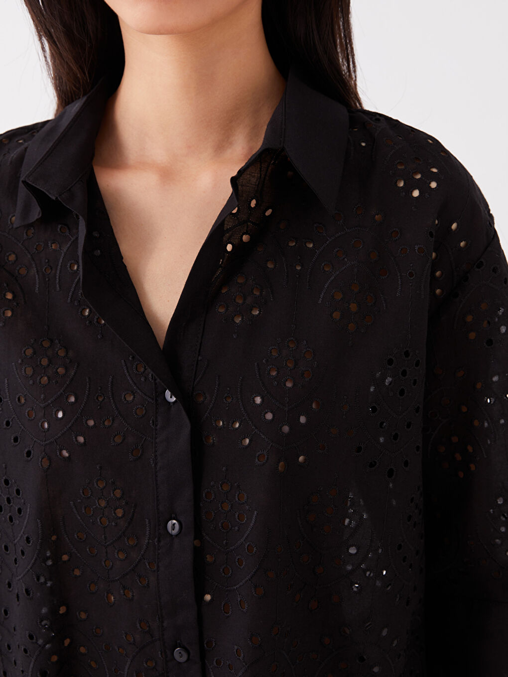 Siyah Kendinden Desenli Uzun Kollu Oversize Kadın Gömlek-3