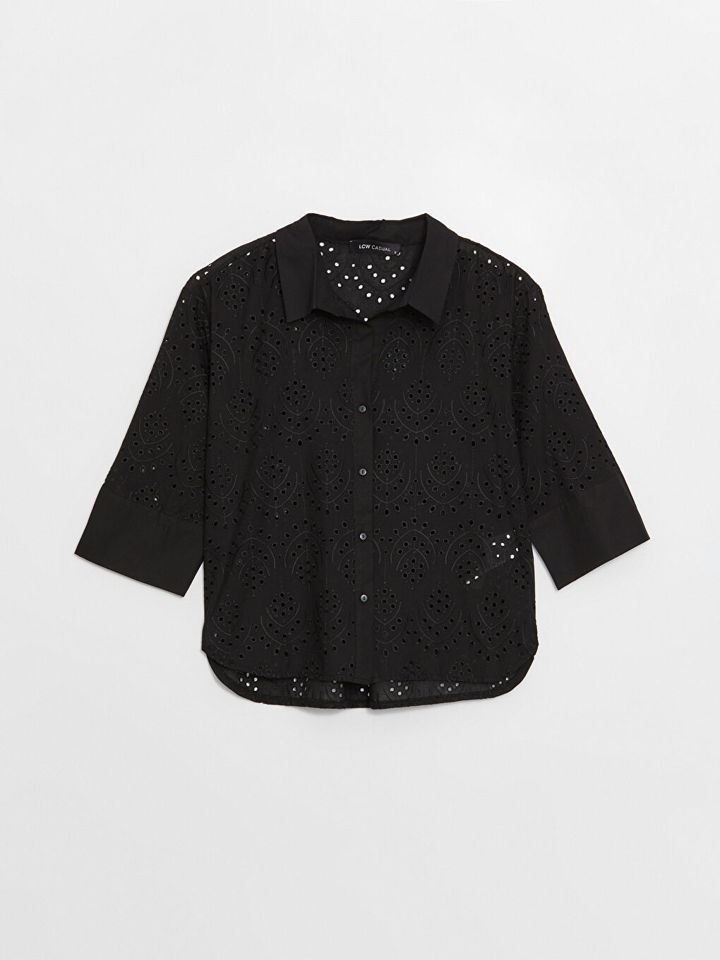 Siyah Kendinden Desenli Uzun Kollu Oversize Kadın Gömlek-5