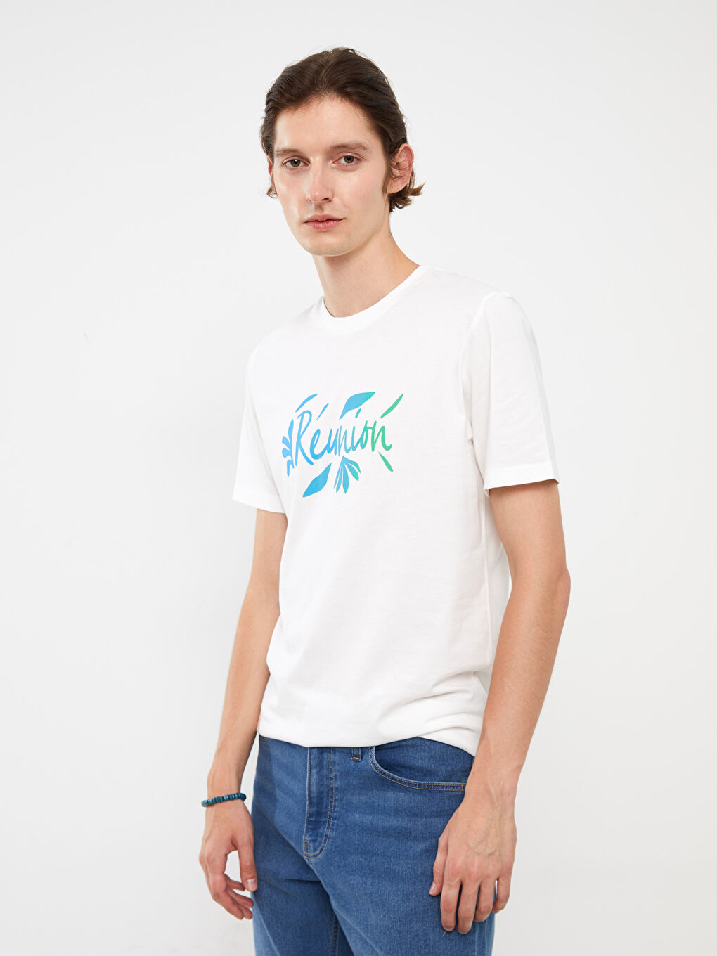 Ekru Bisiklet Yaka Kısa Kollu Baskılı Penye Erkek Tişört