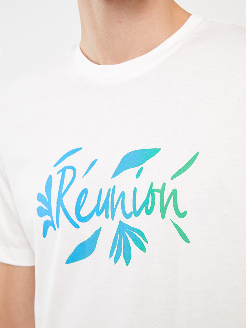 Ekru Bisiklet Yaka Kısa Kollu Baskılı Penye Erkek Tişört-2