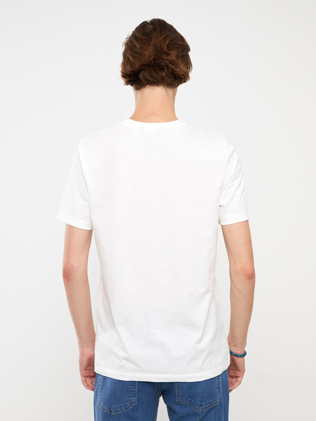 Ekru Bisiklet Yaka Kısa Kollu Baskılı Penye Erkek Tişört-3