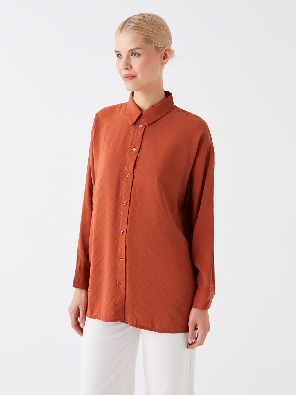 Turuncu Düz Uzun Kollu Oversize Kadın Gömlek Tunik