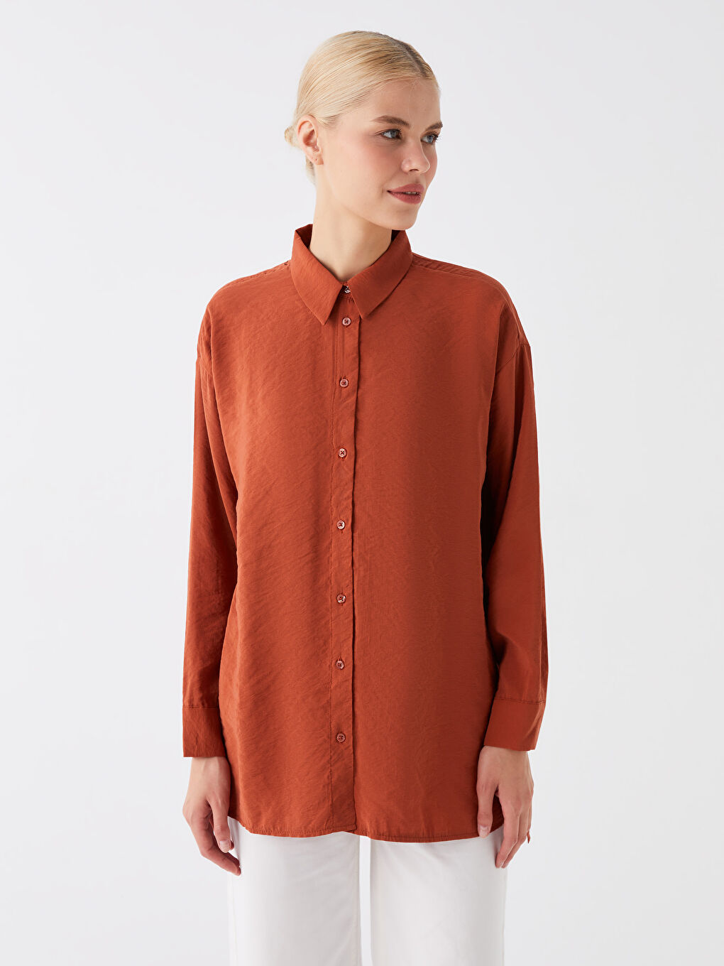 Turuncu Düz Uzun Kollu Oversize Kadın Gömlek Tunik-1
