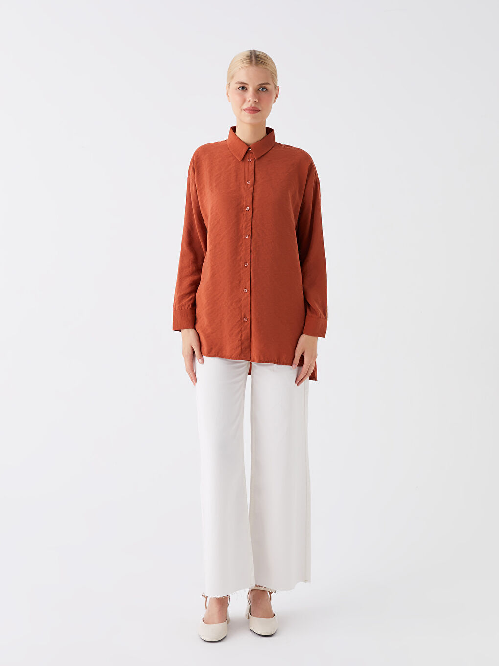 Turuncu Düz Uzun Kollu Oversize Kadın Gömlek Tunik-2