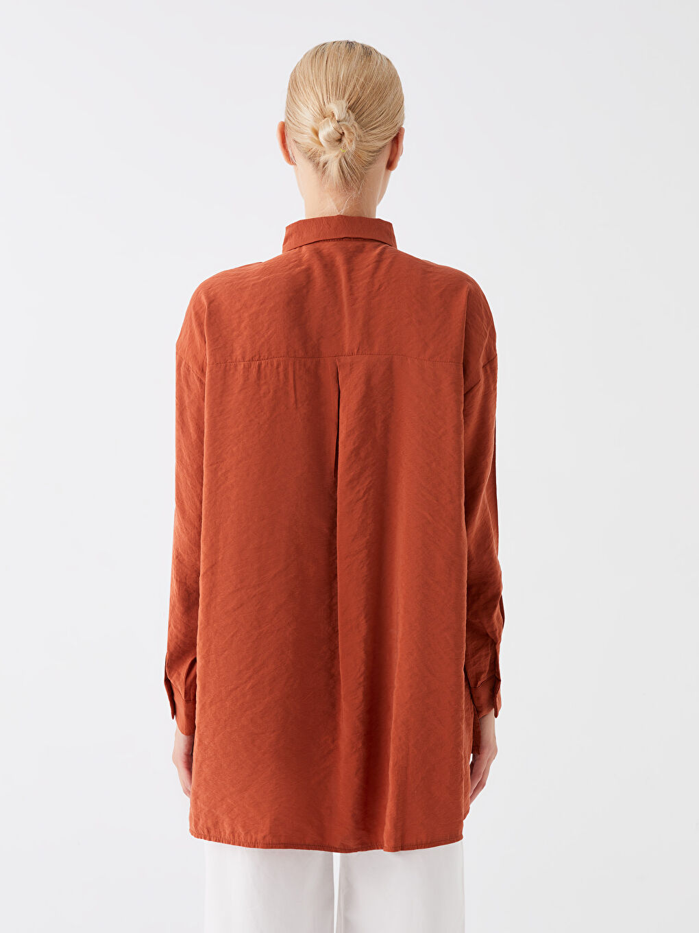 Turuncu Düz Uzun Kollu Oversize Kadın Gömlek Tunik-4