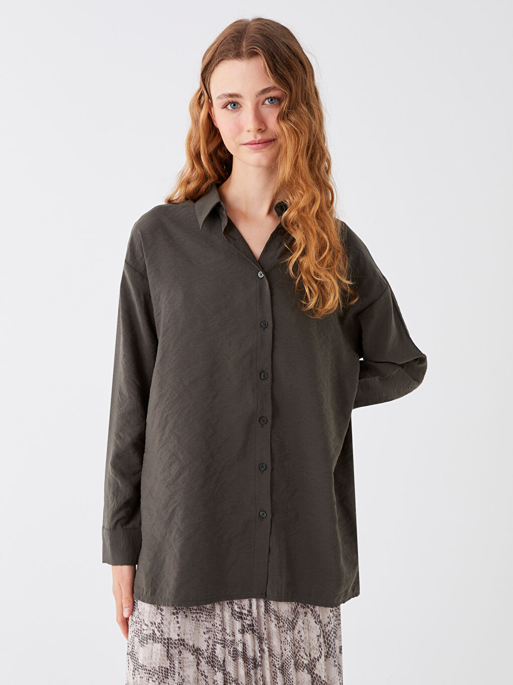 Haki Düz Uzun Kollu Oversize Kadın Gömlek Tunik