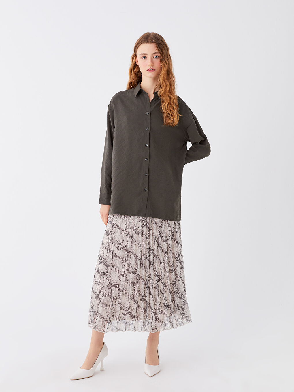 Haki Düz Uzun Kollu Oversize Kadın Gömlek Tunik-1