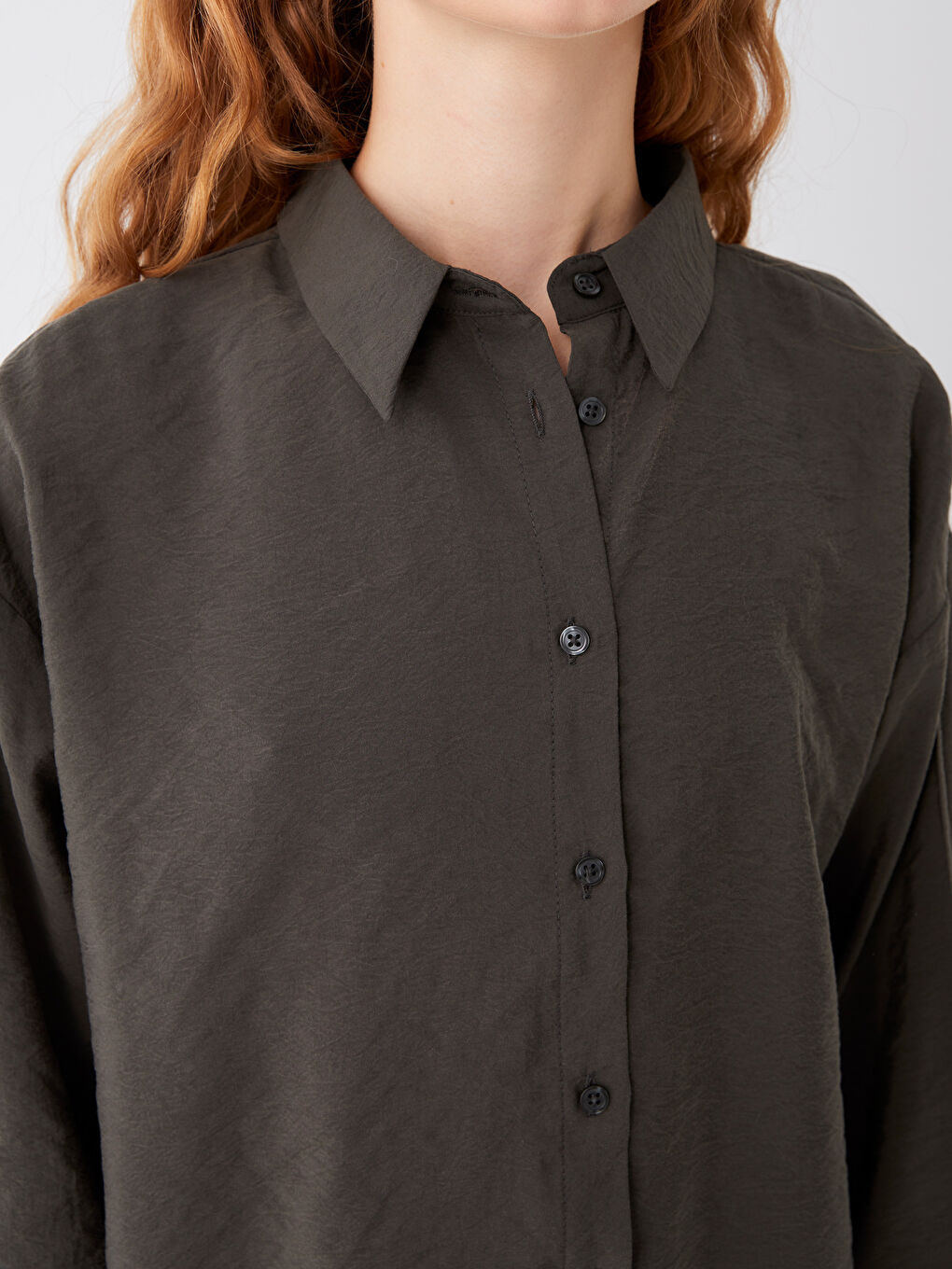 Haki Düz Uzun Kollu Oversize Kadın Gömlek Tunik-2