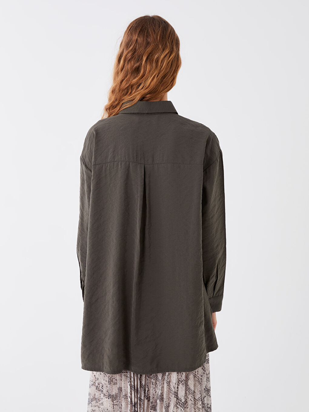 Haki Düz Uzun Kollu Oversize Kadın Gömlek Tunik-3
