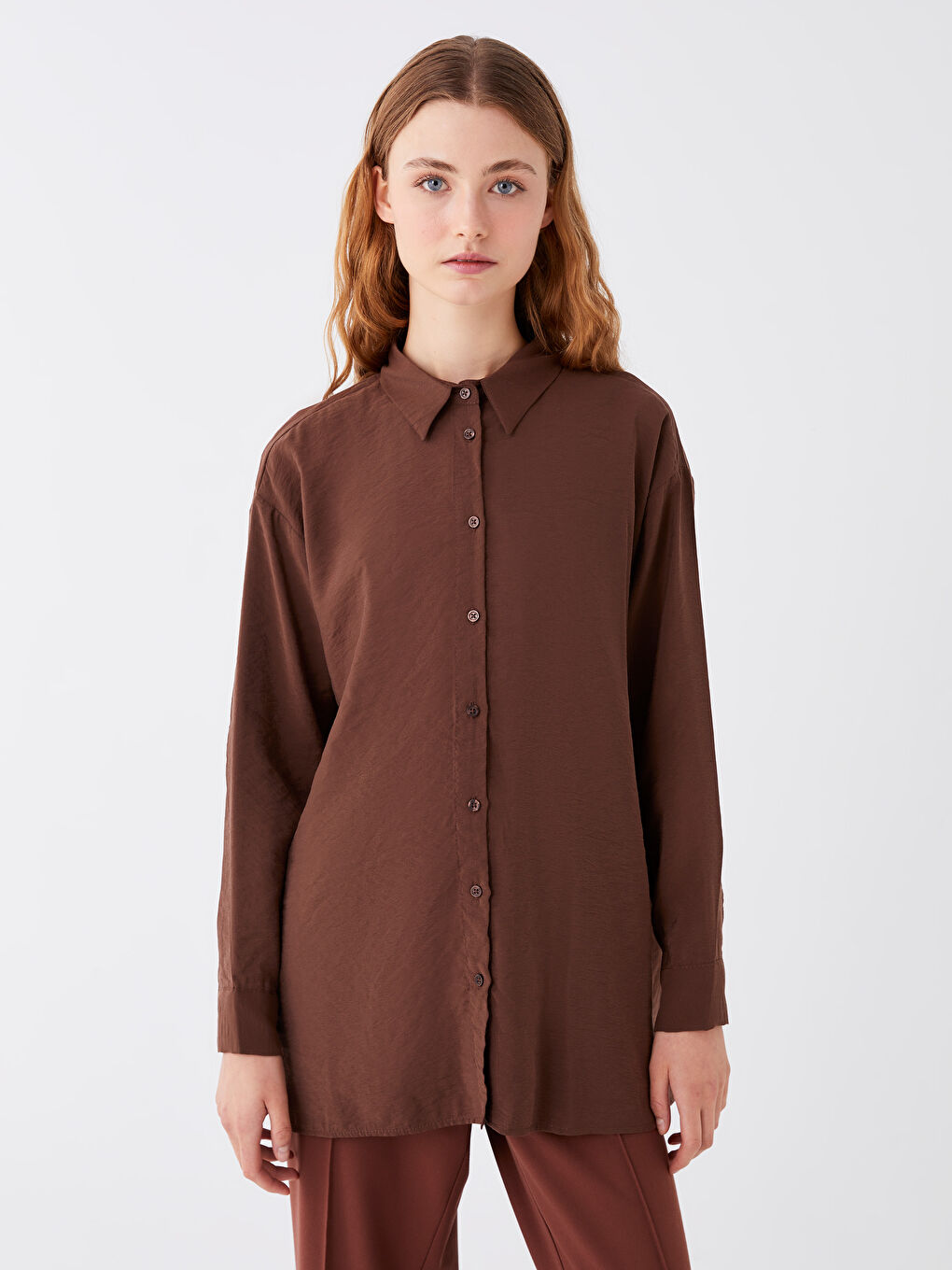 Kahverengi Düz Uzun Kollu Oversize Kadın Gömlek Tunik