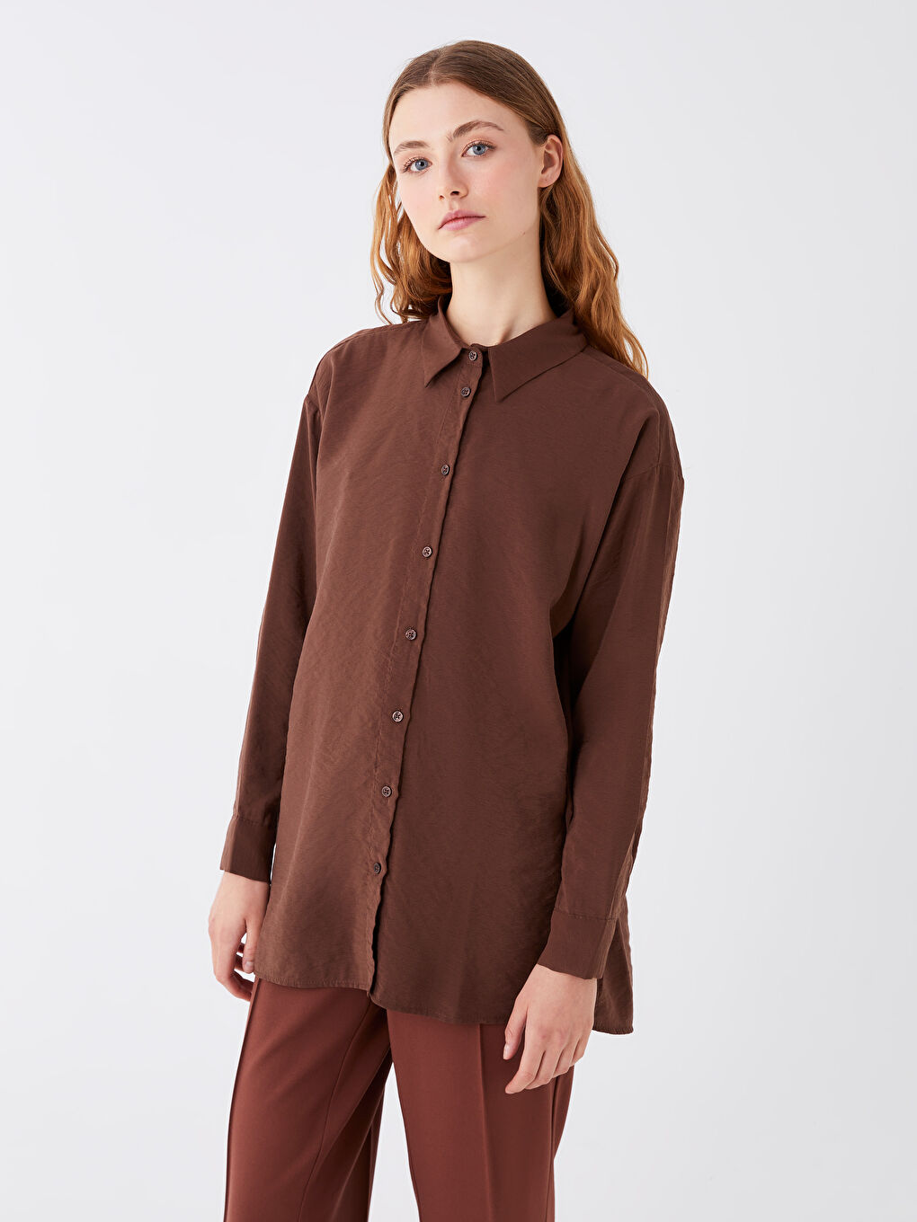 Kahverengi Düz Uzun Kollu Oversize Kadın Gömlek Tunik-1
