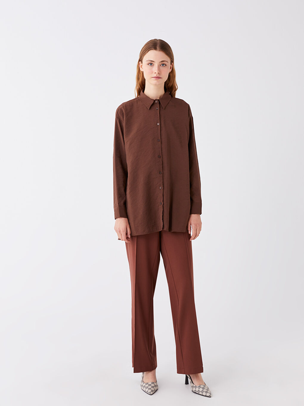 Kahverengi Düz Uzun Kollu Oversize Kadın Gömlek Tunik-2