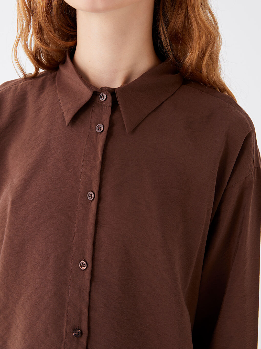 Kahverengi Düz Uzun Kollu Oversize Kadın Gömlek Tunik-3