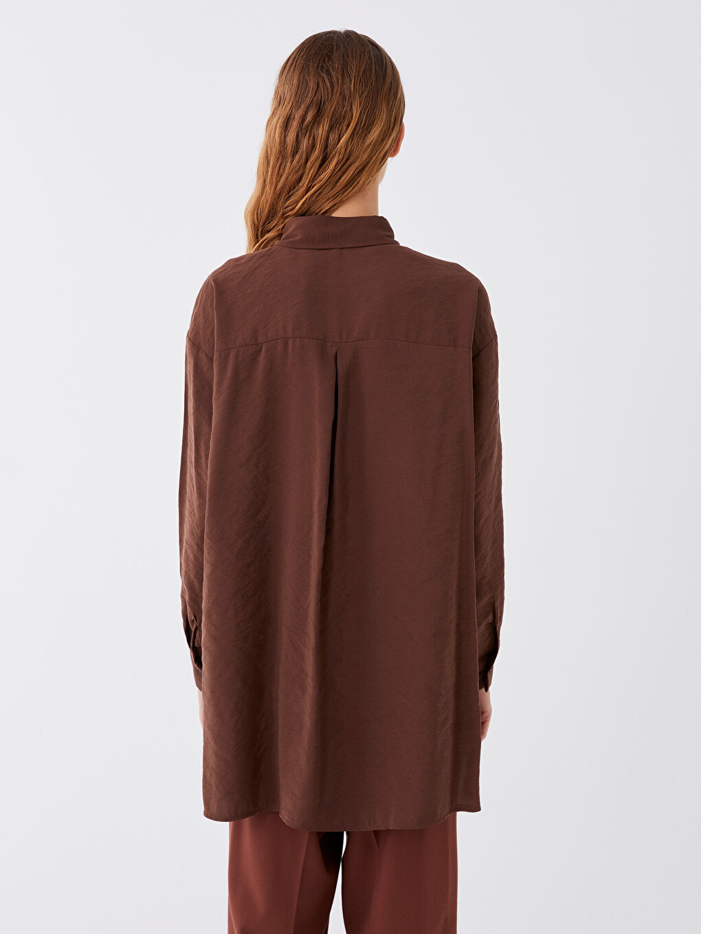 Kahverengi Düz Uzun Kollu Oversize Kadın Gömlek Tunik-4