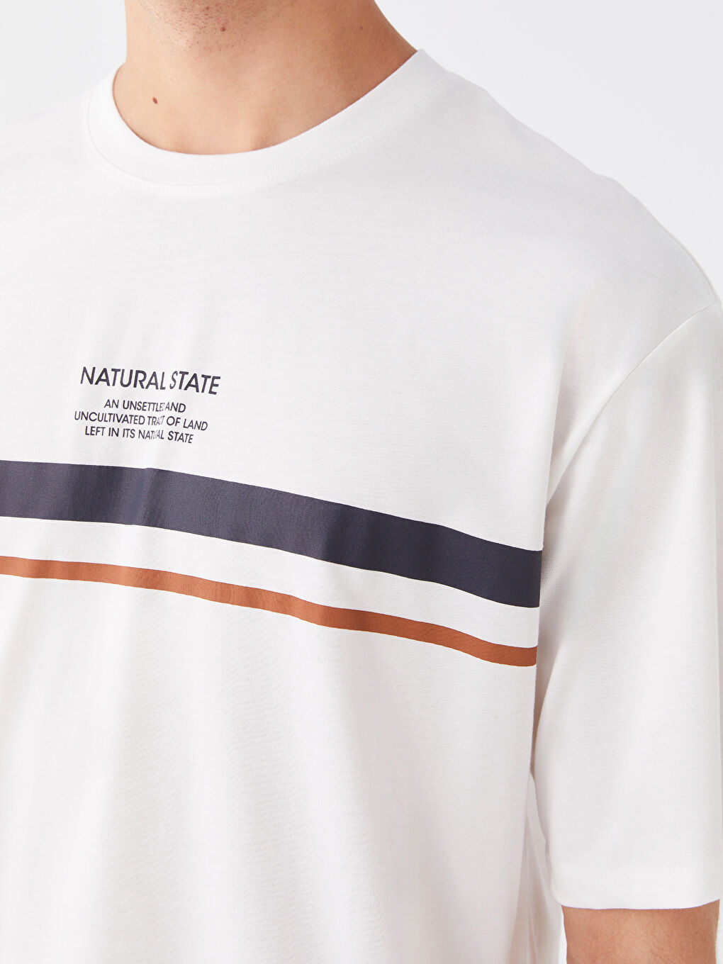 Ekru Bisiklet Yaka Kısa Kollu Baskılı Penye Erkek Tişört-3