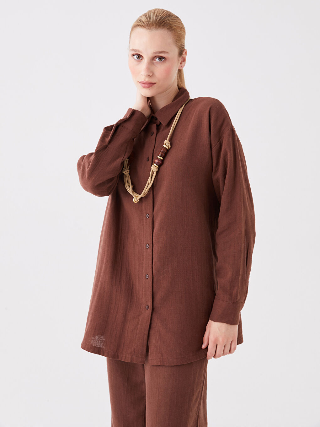 Kahverengi Düz Uzun Kollu Oversize Kadın Gömlek Tunik