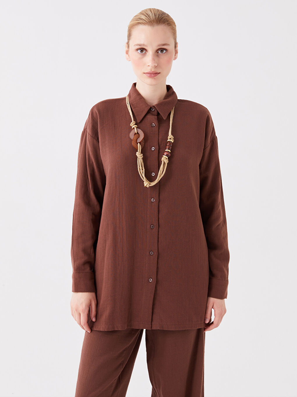 Kahverengi Düz Uzun Kollu Oversize Kadın Gömlek Tunik-1