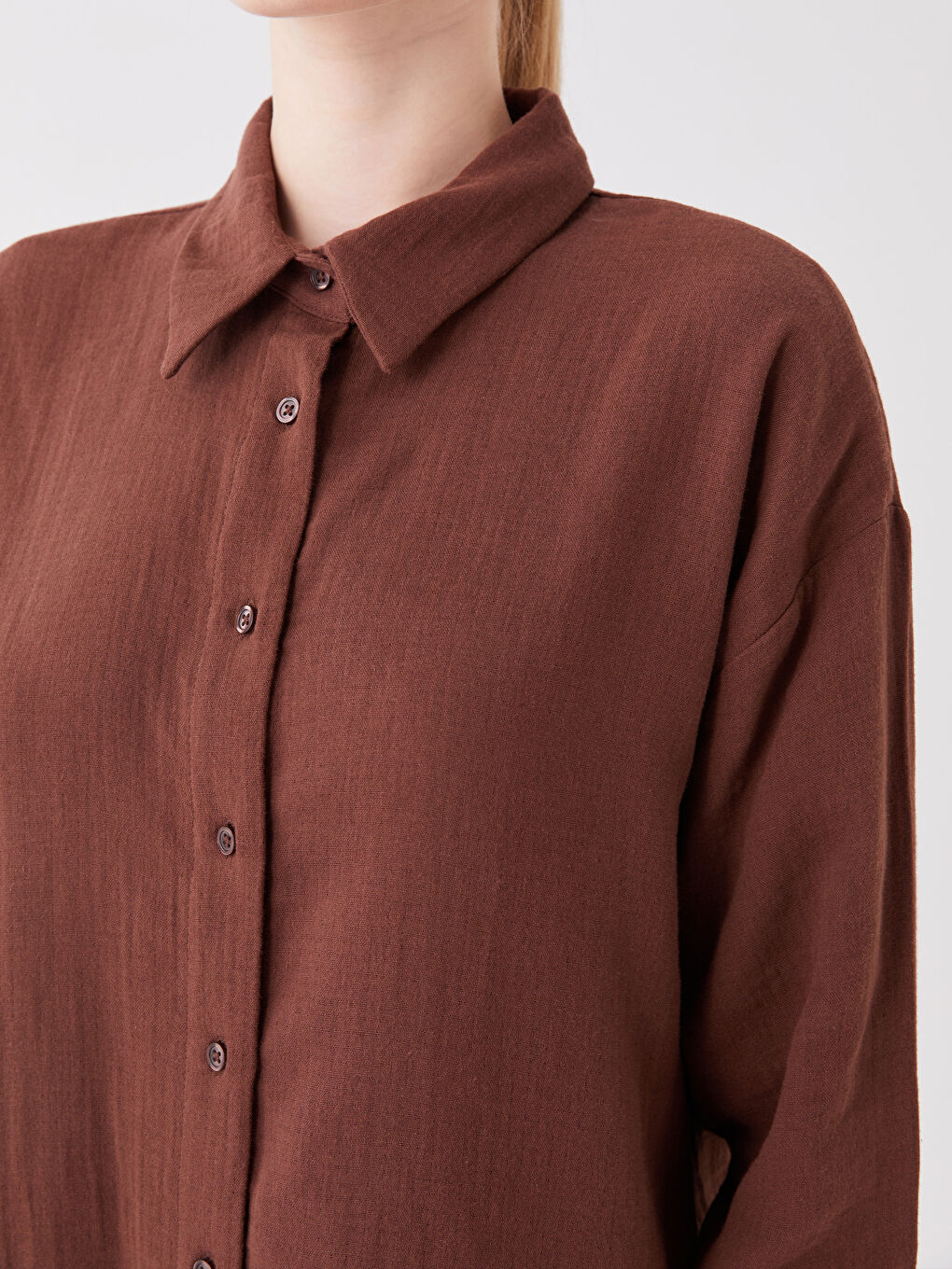 Kahverengi Düz Uzun Kollu Oversize Kadın Gömlek Tunik-2