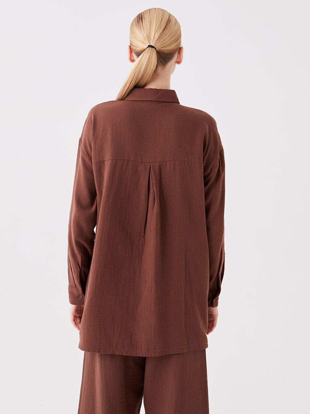 Kahverengi Düz Uzun Kollu Oversize Kadın Gömlek Tunik-3