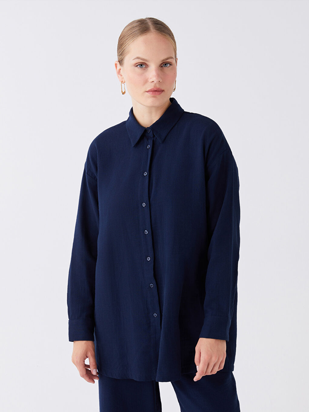 Lacivert Düz Uzun Kollu Oversize Kadın Gömlek Tunik