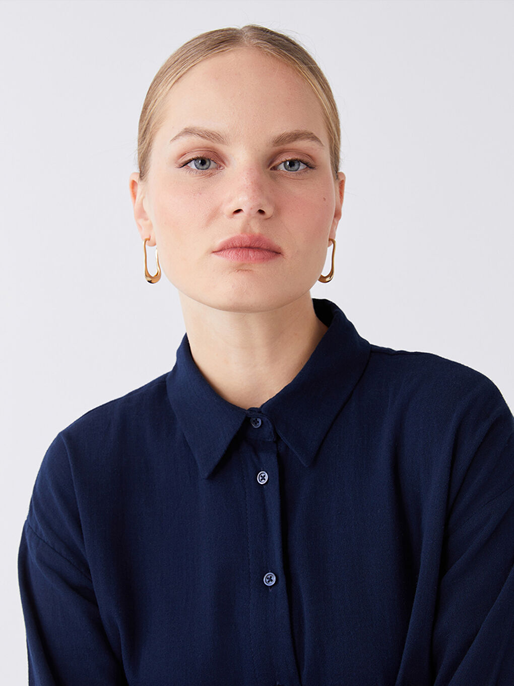 Lacivert Düz Uzun Kollu Oversize Kadın Gömlek Tunik-1