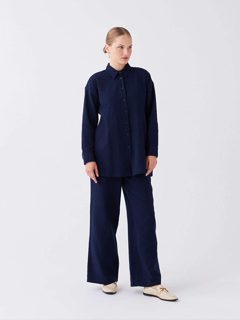 Lacivert Düz Uzun Kollu Oversize Kadın Gömlek Tunik-2