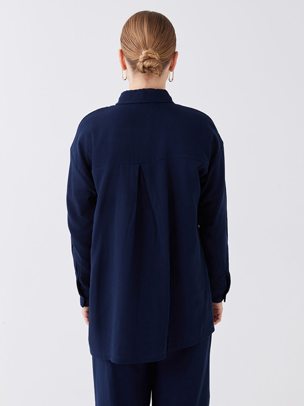 Lacivert Düz Uzun Kollu Oversize Kadın Gömlek Tunik-4