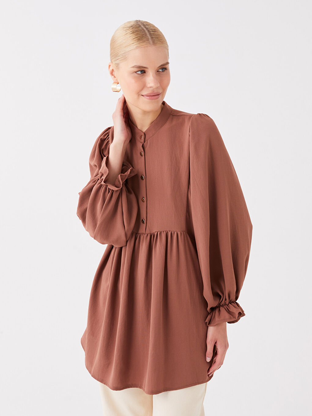 Kahverengi Hakim Yaka Düz Uzun Kollu Oversize Kadın Tunik