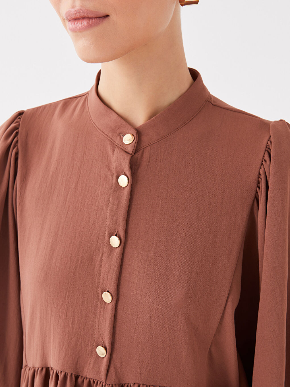 Kahverengi Hakim Yaka Düz Uzun Kollu Oversize Kadın Tunik-3