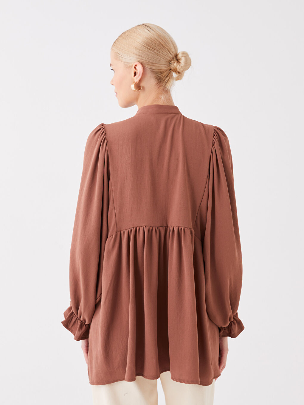 Kahverengi Hakim Yaka Düz Uzun Kollu Oversize Kadın Tunik-4