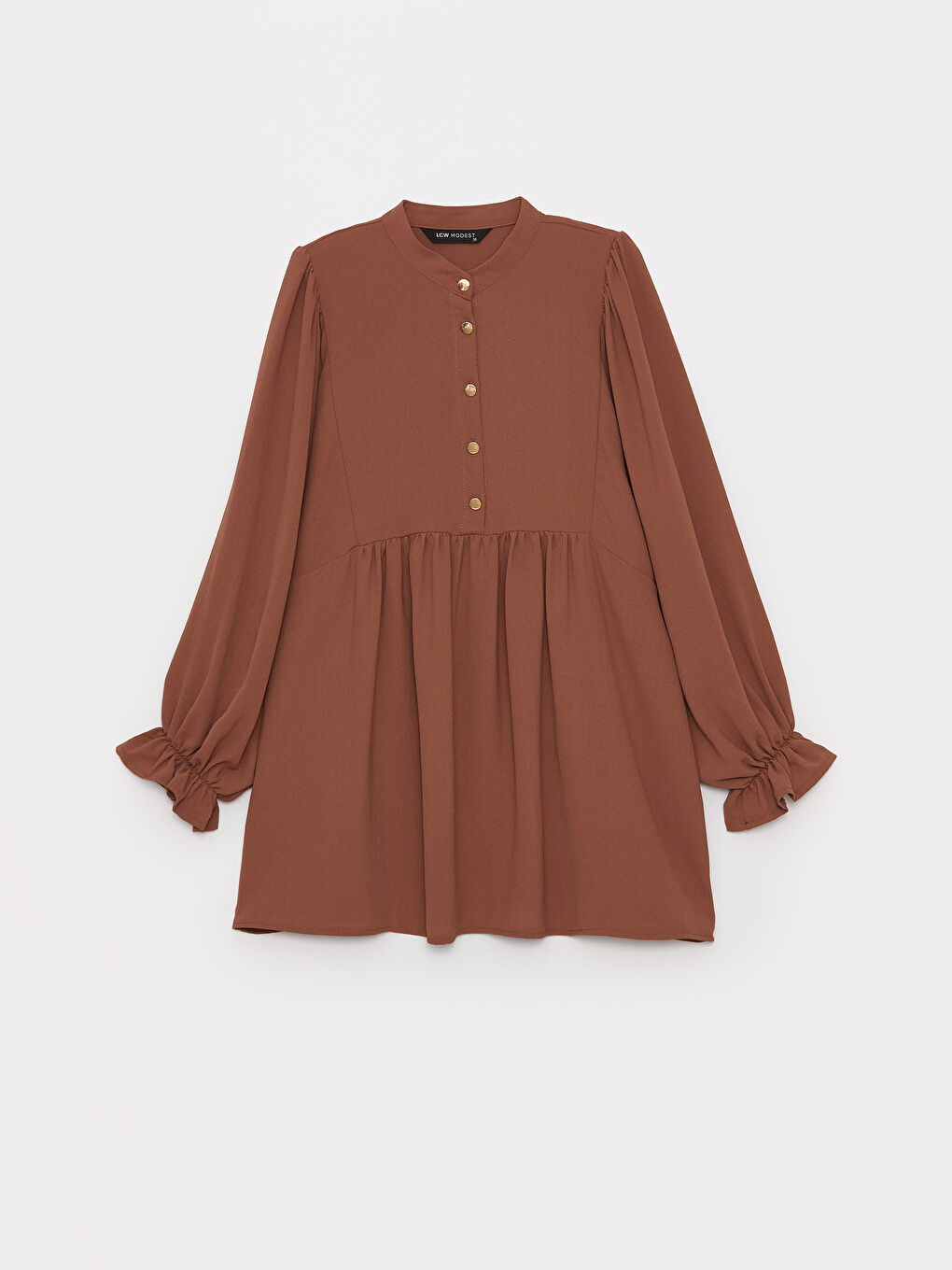 Kahverengi Hakim Yaka Düz Uzun Kollu Oversize Kadın Tunik-5