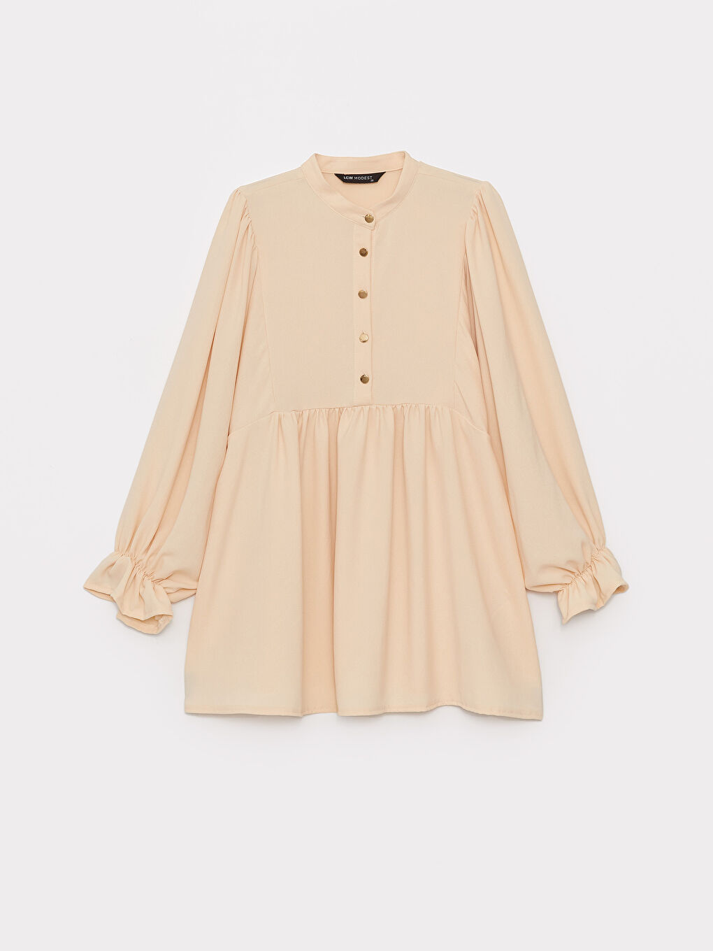 Bej Hakim Yaka Düz Uzun Kollu Oversize Kadın Tunik-5