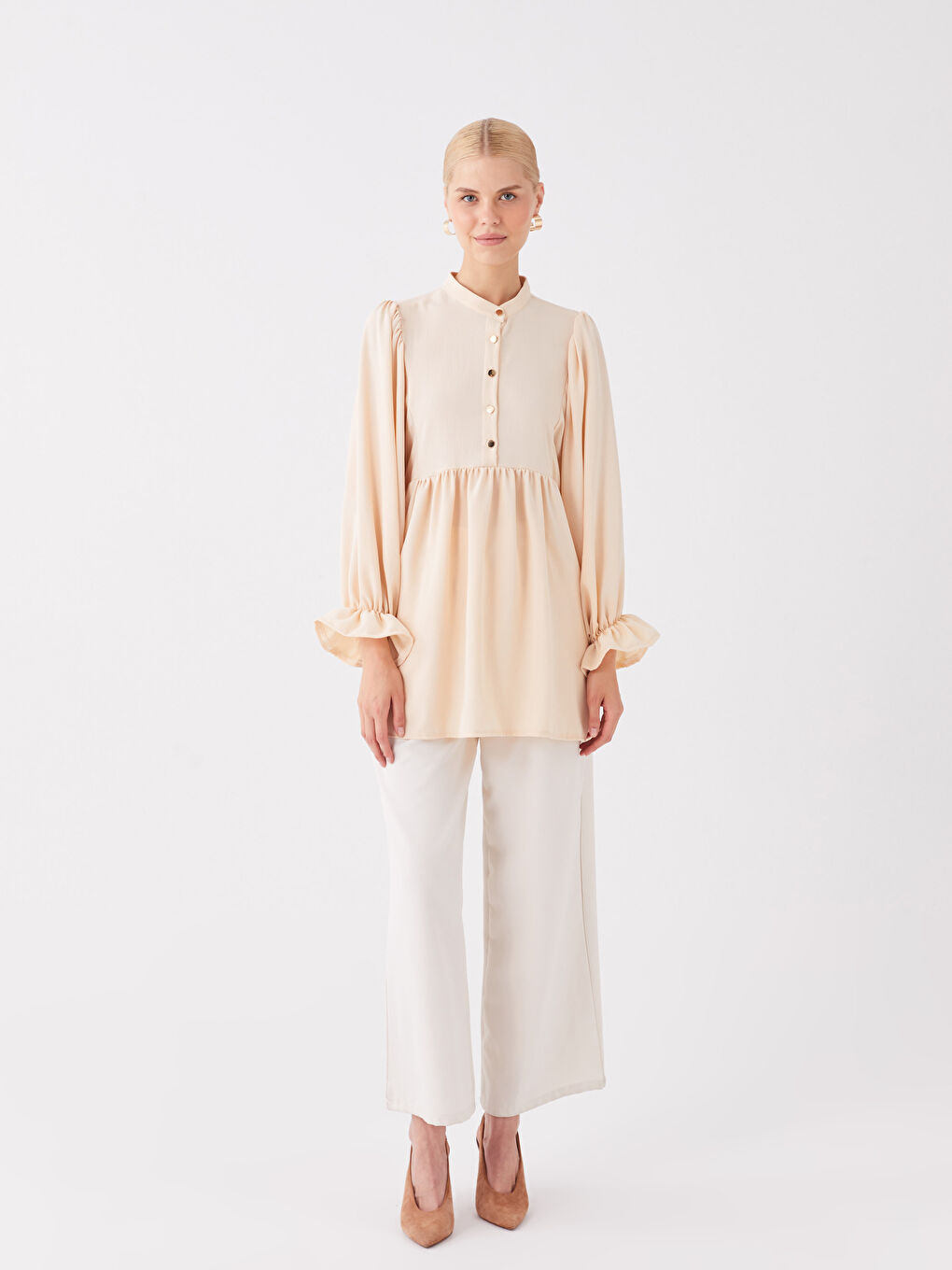 Bej Hakim Yaka Düz Uzun Kollu Oversize Kadın Tunik-2