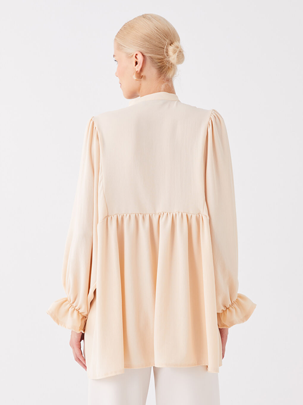 Bej Hakim Yaka Düz Uzun Kollu Oversize Kadın Tunik-4