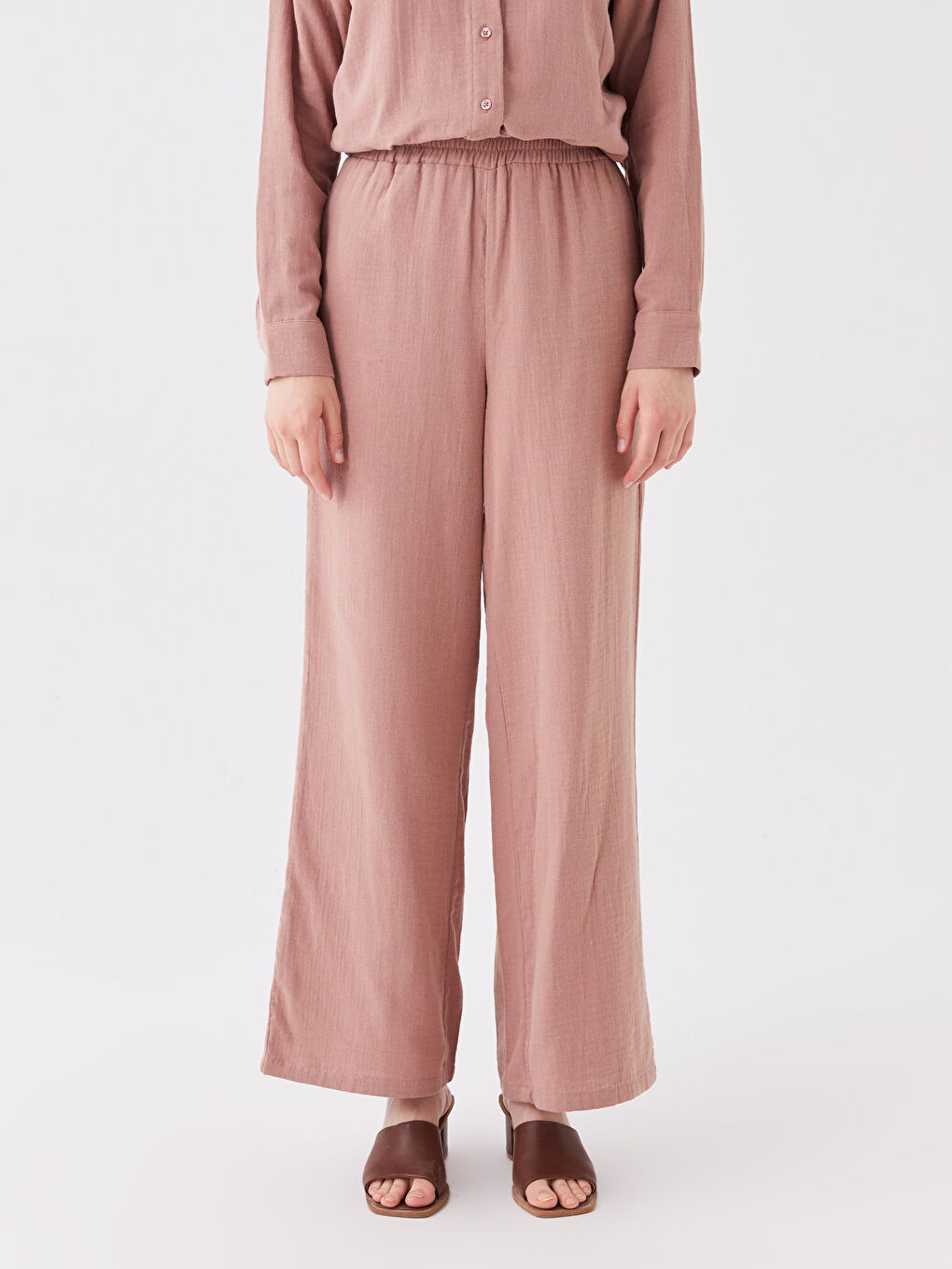 Pembe Beli Lastikli Rahat Kalıp Kadın Pantolon-3