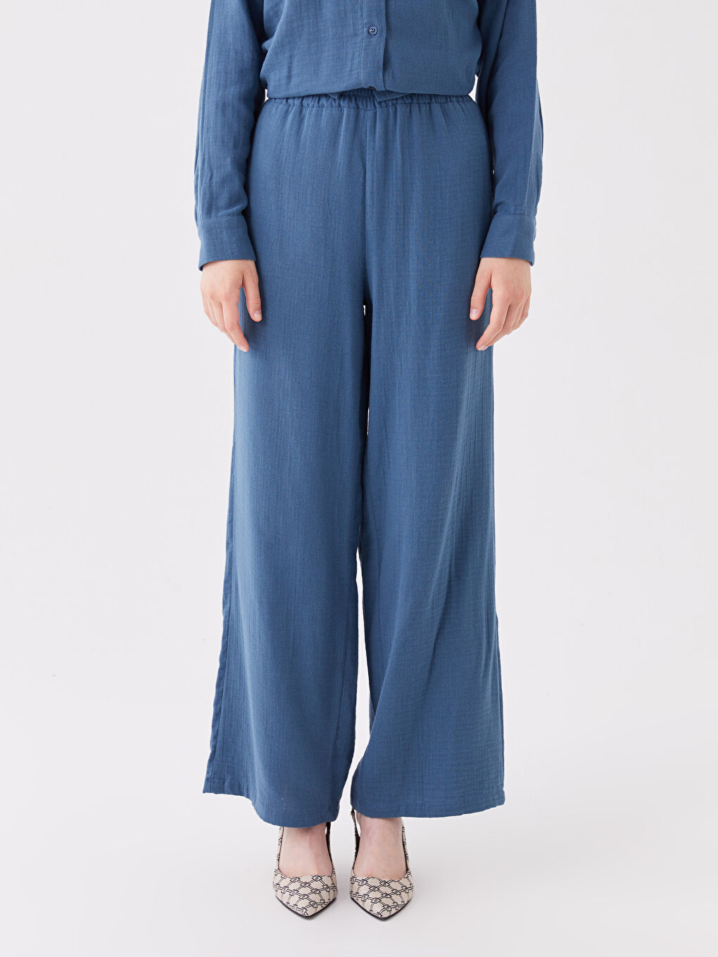 Mavi Beli Lastikli Rahat Kalıp Kadın Pantolon-3