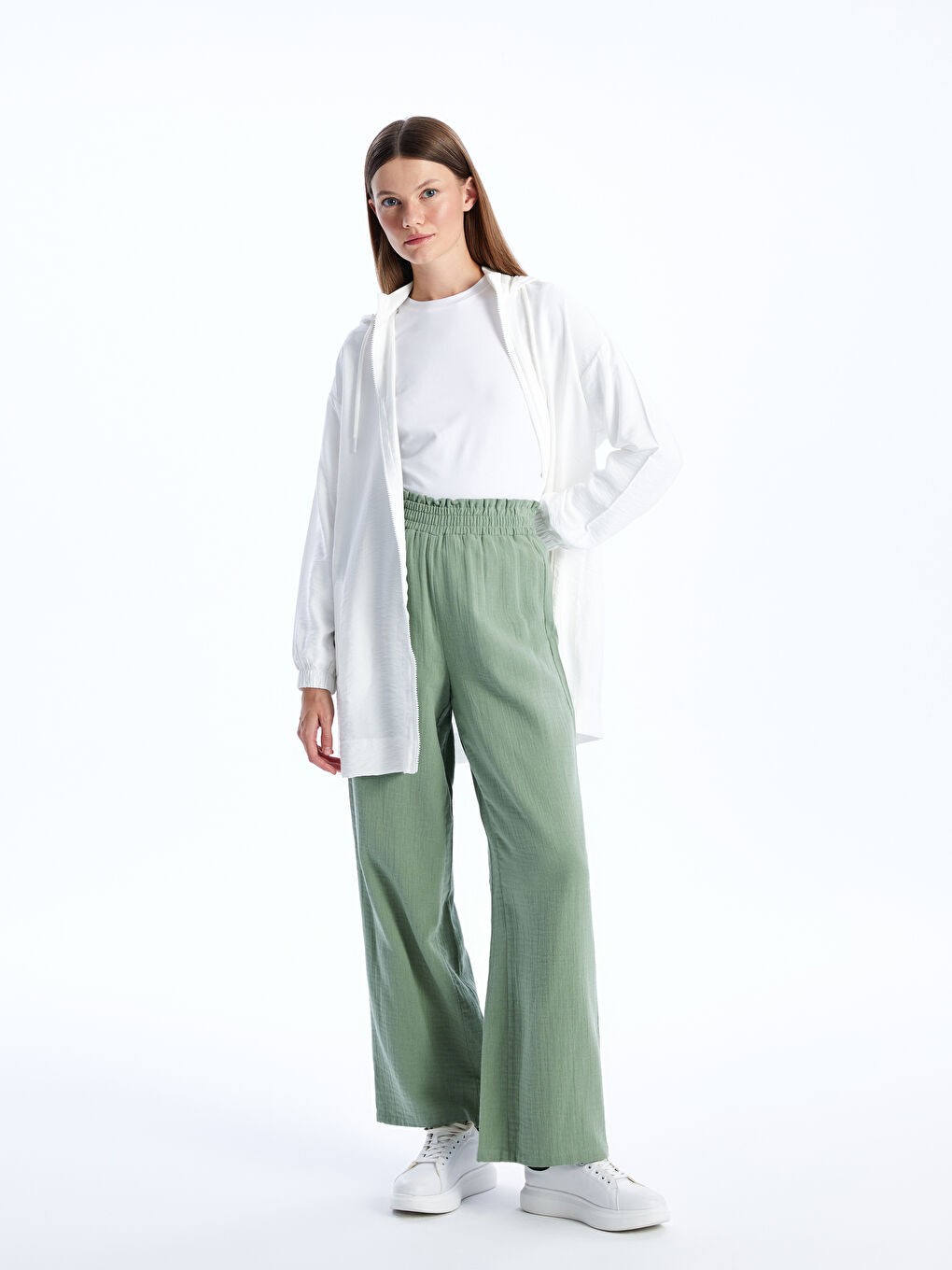 Yeşil Beli Lastikli Rahat Kalıp Kadın Pantolon