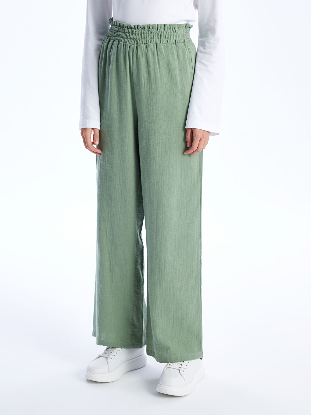 Yeşil Beli Lastikli Rahat Kalıp Kadın Pantolon-4