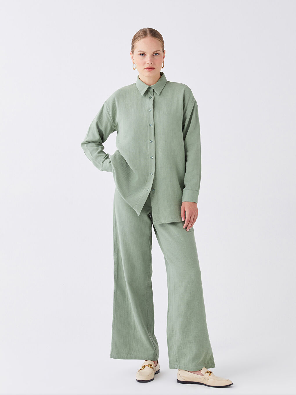 Yeşil Beli Lastikli Rahat Kalıp Kadın Pantolon-1