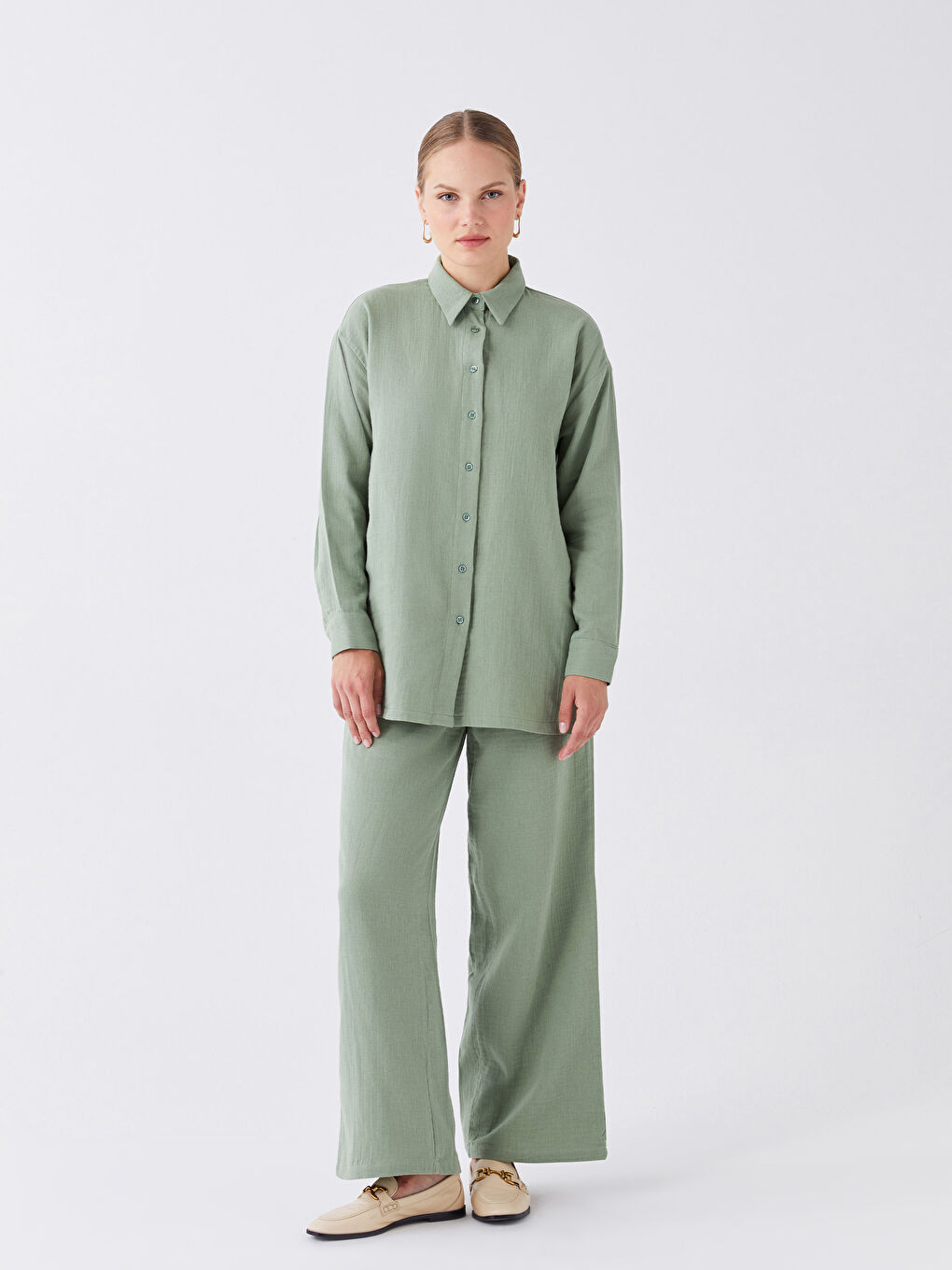 Yeşil Beli Lastikli Rahat Kalıp Kadın Pantolon-3